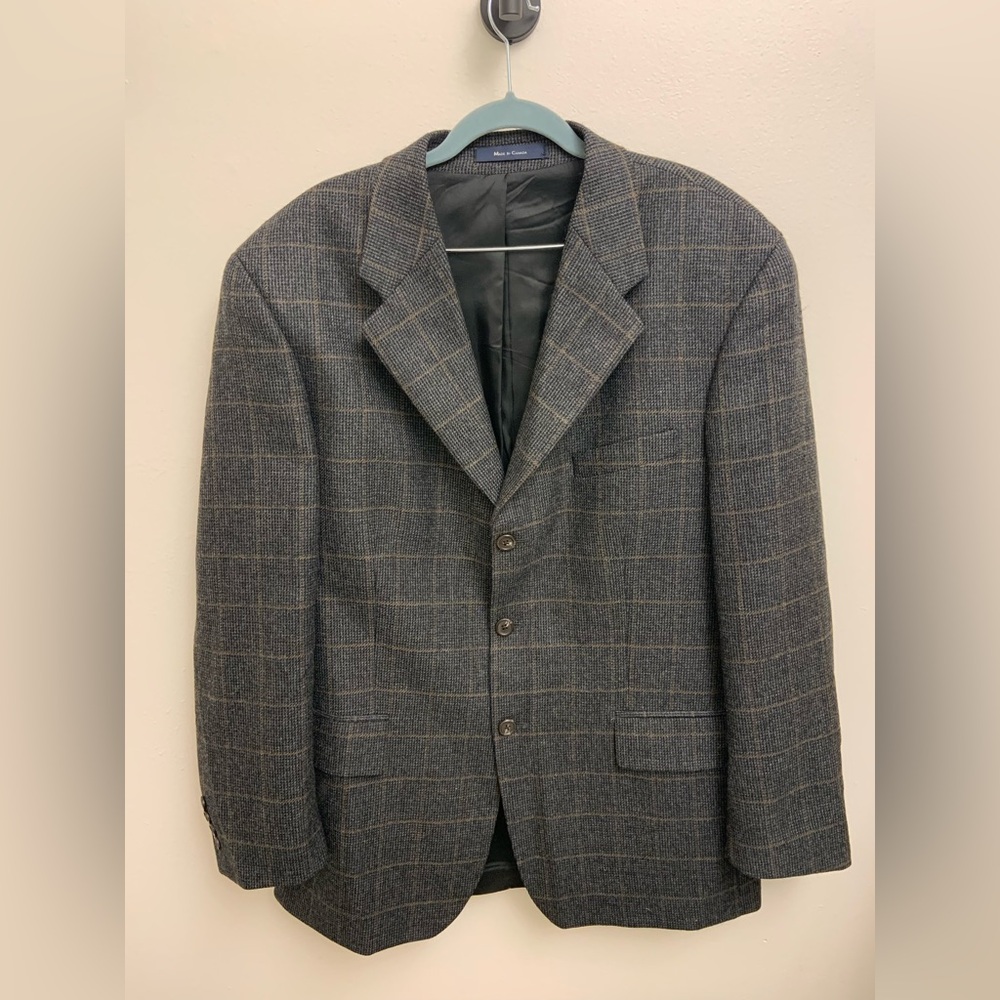 VTG 90s Chaps Ralph Lauren Wool Blazer 44R Gray Windowpane Plaid Sport Coat Ivy